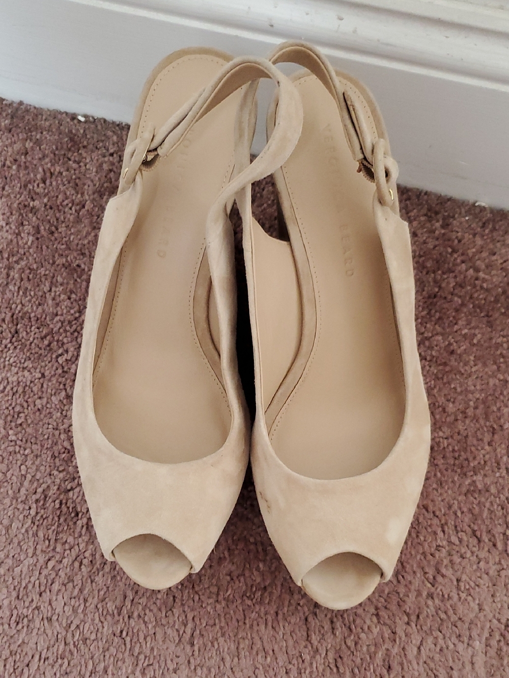 Veronica Beard Beige Suede Peep-Toe Slingback Wedge